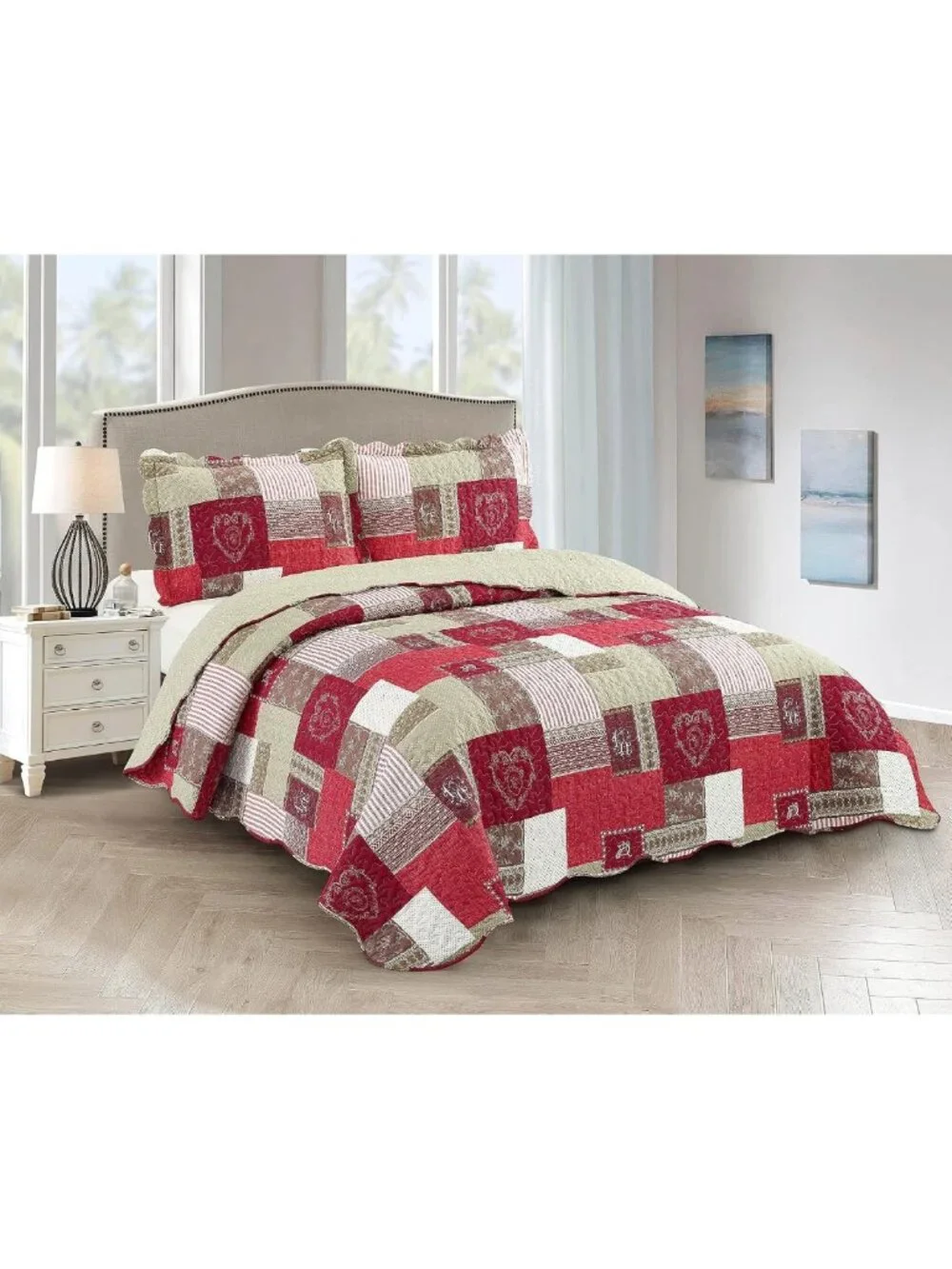 Burgundy Heartlove Quilt Set, Queen Size Reversible Bedspread, Soft Lightweight